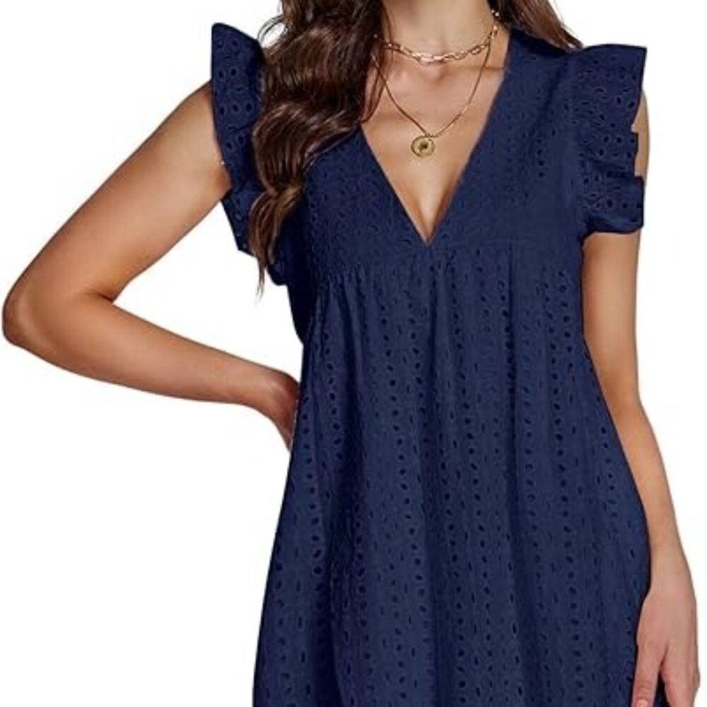 Eyelet mini dress, navy blue, size large